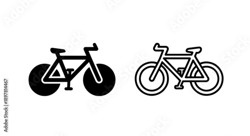 Black and white icon set of a bicycle in solid and line art styles. Vector illustration.