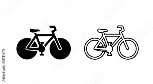 Black and white icon set of a bicycle in solid and line art styles. Vector illustration.