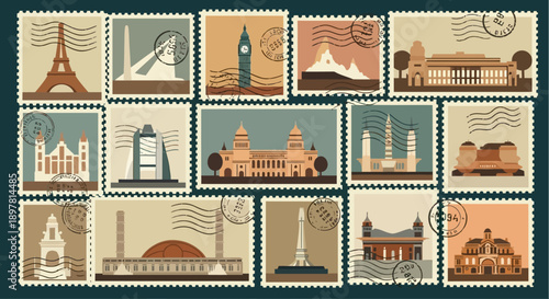 Global Landmark Postage Stamps Collection. Vector illustration of famous world buildings and monuments in retro flat design.