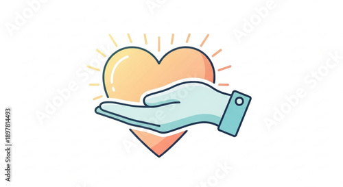 Glowing heart in a caring hand with radiant lines symbolizing love and support