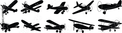 Vintage propeller airplane silhouettes set, classic biplane and monoplane aircraft icons, black aviation illustration collection isolated on white background
