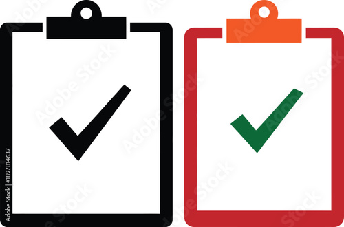 Two clipboards with check marks in black and red colors on a white background