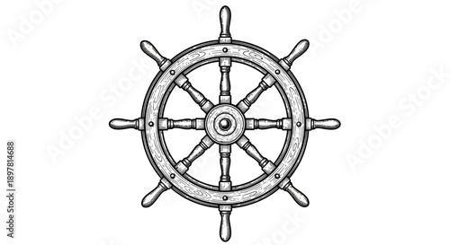 Vintage Wooden Ship Wheel Engraving. Hand-drawn Steering Helm Nautical Symbol. Maritime Vector Illustration, Isolated Black and White Line Art.