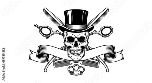 Skull Barbershop Logo with Top Hat, Scissors, Comb, and Banner. Vintage Engraving Vector Emblem for Hair Salon or Tattoo Studio.