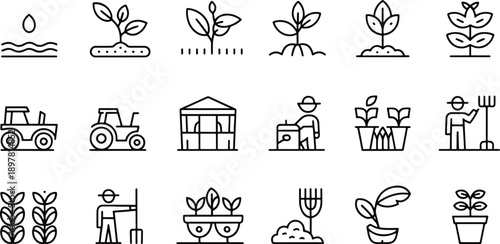 Agricultural Icons Set Featuring Farming Tools and Plants