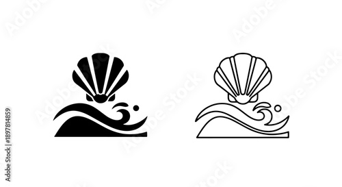 Seashell and Wave Silhouette and Outline Icons