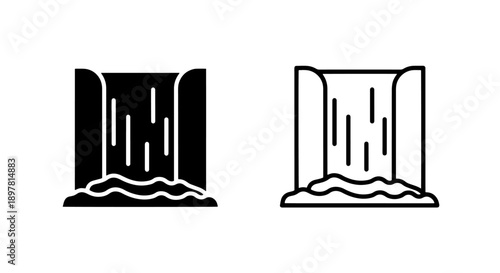 Simple waterfall icon set, black and white versions for diverse design needs. Nature's cascade in minimalist graphic style.