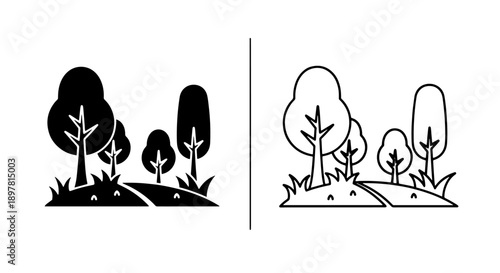 Landscape icon featuring a group of trees on rolling hills, offered in solid and outline styles.
