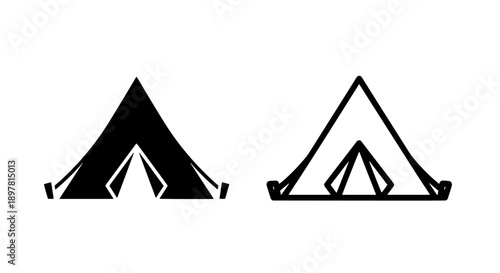 Classic camping tent icon, presented in both solid and outline styles for easy graphic integration.