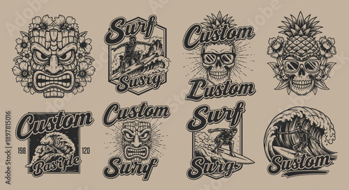 Retro Surf Graphics Collection: Hawaiian Tiki Mask, Pineapple Skull, and Surfer on Wave Vintage T-shirt Design Emblems.