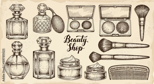 Vintage Beauty Shop Engraving Set. Hand-Drawn Sketch of Perfume Bottles, Cosmetics, Makeup Brushes, and Cream Jars.