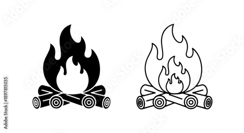 Campfire icon with stacked logs, beautifully rendered in solid and outline styles for outdoor and cozy themes.