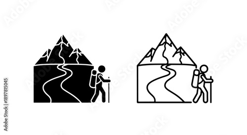 Hiker icon on a mountain path, representing adventure and travel. Solid and outline versions provided.