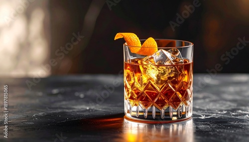 Wallpaper Mural Crystal Glass of Amber Liquor on a Gray Countertop with Orange Zest Garnish in Soft Lighting Torontodigital.ca