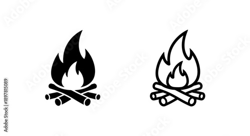 Small campfire icon with crossed logs, available in solid black and outline versions for simple graphic needs.