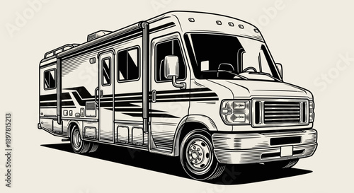 Vintage RV Motorhome Engraving. Retro Black and White Class C Camper Van Line Art Illustration for Travel and Road Trips.