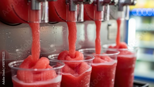 Refreshing frozen delights: A vibrant symphony of slushy drinks dispensing in clear cups
