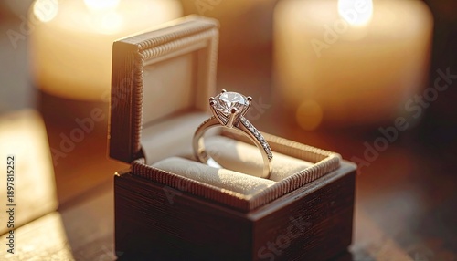 Wallpaper Mural Elegant Diamond Ring in Brown Wooden Box Lit by Warm Candles in Soft Focus Background Romantic Jewelry Still Life Torontodigital.ca