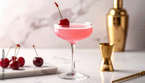 Wallpaper Mural Elegant Pink Cocktail in Coupe Glass Garnished with Cherry on Marble Countertop in Soft Lighting with Shaker Torontodigital.ca