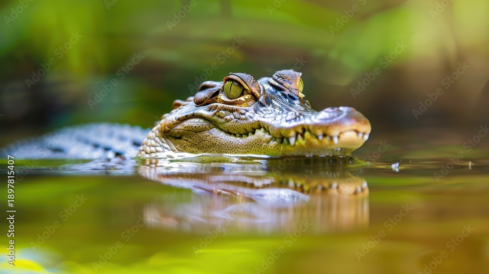 Obraz premium Close-up of a Crocodile in Water Surrounded by Lush Greenery in a Natural Habitat Setting