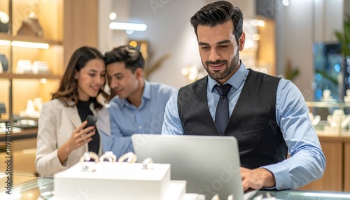 Wallpaper Mural Jeweler Assisting Couple with Jewelry Selection Using Laptop in Bright Store Torontodigital.ca