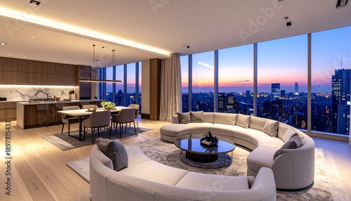 Wallpaper Mural Interior of Modern Living Room with Panoramic City View at Sunset Torontodigital.ca