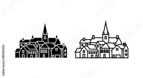 Vector illustrations of a charming village scene with houses and a church, presented in both solid fill and outline styles.