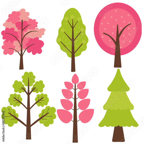 Colorful Flat Vector Tree Collection with Pink and Green Foliage 