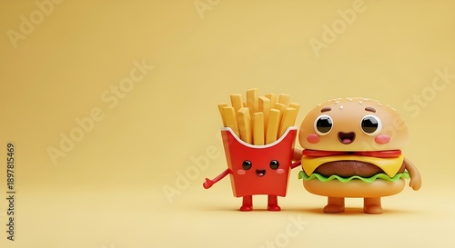Cute cartoon hamburger and french fries standing happily together on a vibrant yellow background.