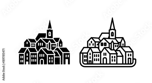 Vector icons of a historical building complex with multiple levels and windows, rendered in solid black and outline.