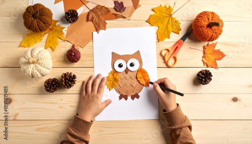 Wallpaper Mural Child Hands Crafting Paper Owl with Fall Leaves and Wooden Background Overhead View Torontodigital.ca