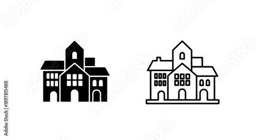 Vector icons showcasing a picturesque village cluster with houses and trees, in solid fill and outline versions.