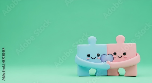 Happy blue and pink 3D puzzle pieces hugging a heart on a mint background.