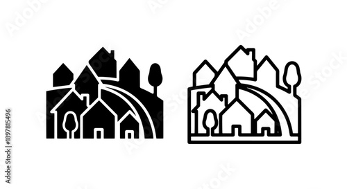 Vector icons representing a cluster of residential houses with varying rooflines, shown in solid black and outline styles.