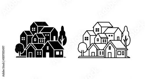 Vector icons of a collection of houses and trees, symbolizing neighborhood and community, in solid and outline.