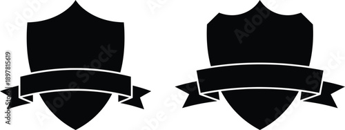 Two black and white shields with banners for a medieval or heraldic design isolated on white background