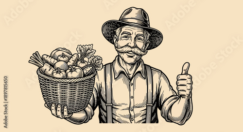 Vintage Farmer with Moustache Holding Fresh Vegetable Harvest Basket and Giving Thumbs Up. Woodcut Engraving Illustration.
