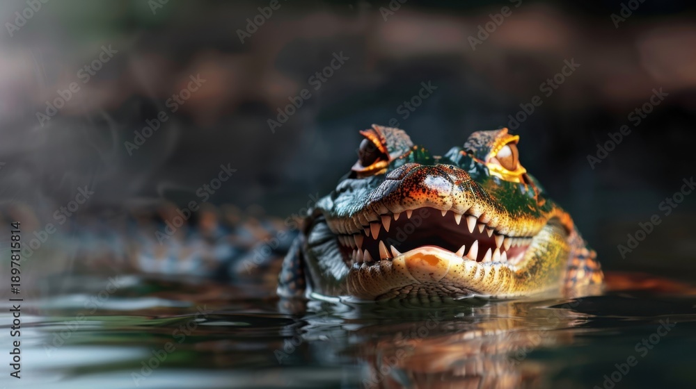 Obraz premium Close-Up View of Alligator Swimming in Calm Water with Sharp Teeth and Intense Eyes