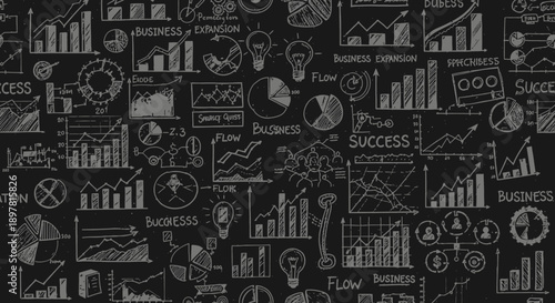Chalkboard Business Diagram Pattern. Hand-Drawn Graphs, Charts, and Financial Data Analysis Sketch Seamless Background Texture for Strategy and Success.
