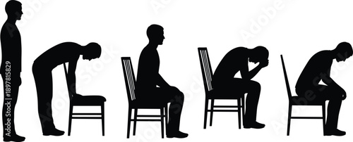 Set of black silhouettes featuring a man standing and sitting in various sad or tired poses on a wooden chair