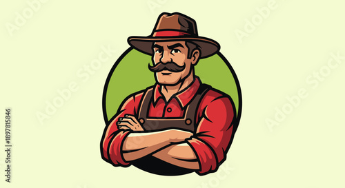 Confident Retro Farmer Mascot Logo. Strong Man in Hat and Overalls with Moustache. Vintage Agriculture or Rancher Emblem.