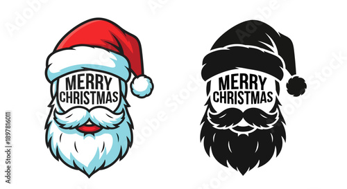 Santa Claus Beard and Hat with "Merry Christmas" Text - Vintage Cartoon Vector Badge in Color and Silhouette Style for Holiday Design