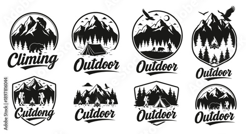 Collection of 8 Vintage Outdoor Adventure Badges, Emblems, and Vector Logos. Monochrome designs featuring mountains, forest, camping, hiking, bears, and eagles.