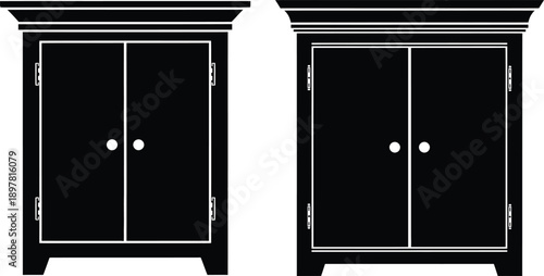Two black wooden cabinets with white knobs and intricate designs on top isolated on white background