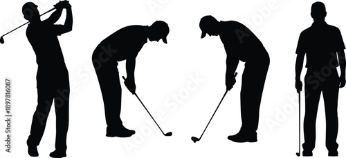 Set of black silhouettes featuring a male golfer in various poses including swinging a club and preparing for a shot