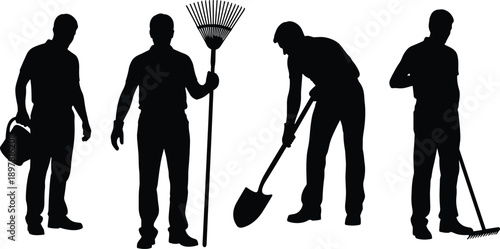 Collection of black silhouettes featuring male gardeners and landscapers using tools like rakes and shovels for outdoor yard maintenance work