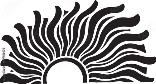 Black and white sun logo with wavy rays design