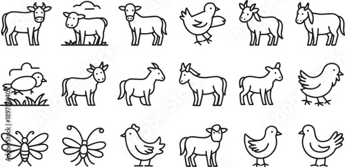 Collection of Farm Animals and Birds Line Art Illustrations