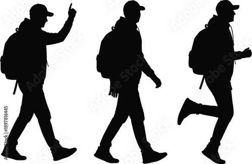Set of black silhouettes featuring men with backpacks walking and women sitting in various relaxed poses isolated on white background