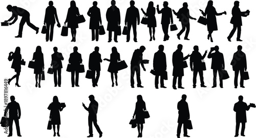 Large collection of black silhouettes featuring shoppers with bags travelers with backpacks and women sitting in various casual relaxed poses
